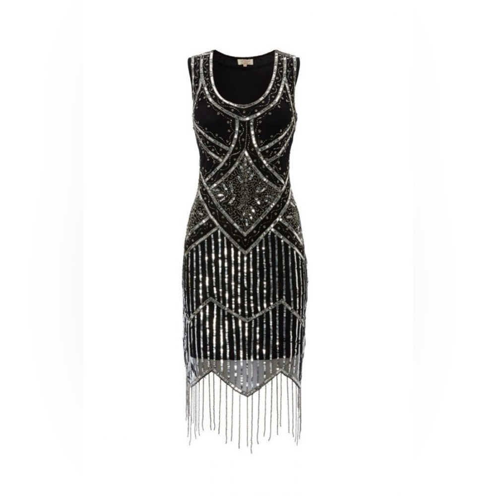 GATSBY LADY Art Deco Fringe Flapper Black Sequin Beaded Dress Size 4 VGUC - Picture 8 of 8